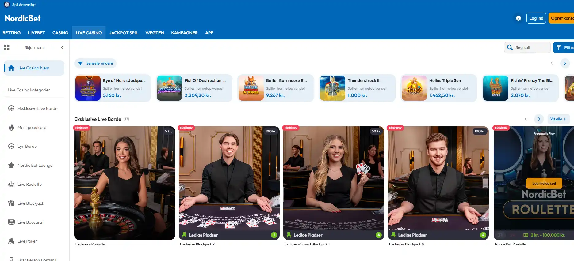 NordicBet Live Casino lobby med aktuelle bordkategorier