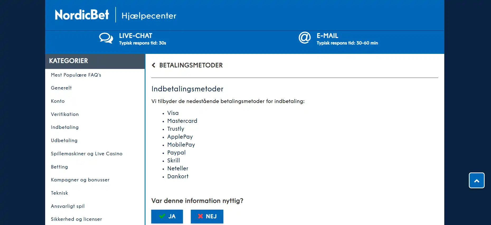 NordicBet indbetaling og betalingsmetoder i Danmark